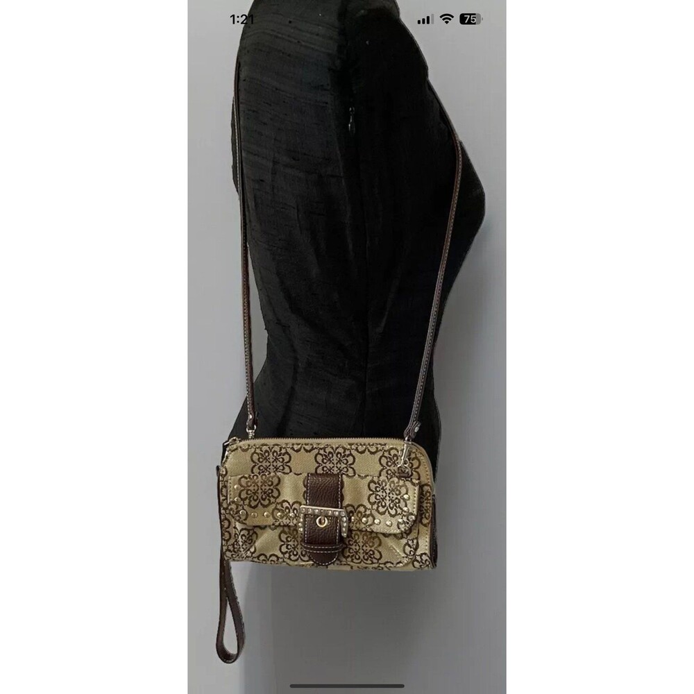Kathy Van Zeeland Womans Brown Floral Print Crossbody Clutch Purse/Wallet EUC